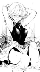 Rule 34 | 1girl, armpits, arms up, bare arms, breasts, commentary request, eyes visible through hair, greyscale, hair between eyes, highres, knees together feet apart, medium breasts, medium hair, mizuhashi parsee, monochrome, pointy ears, risui (suzu rks), skirt, soaking feet, solo, touhou, wet
