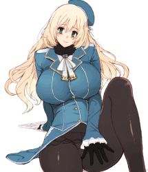 Rule 34 | 10s, 1girl, arm support, atago (kancolle), beret, between legs, black gloves, blonde hair, blush, breasts, buttons, ascot, female focus, frilled sleeves, frills, gloves, green eyes, hair between eyes, hand between legs, hat, head tilt, highres, kantai collection, large breasts, long hair, long sleeves, looking at viewer, military, military uniform, panties, panties under pantyhose, pantyhose, sitting, smile, solo, underwear, uniform, very long hair, whoosaku