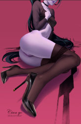 Rule 34 | 1girl, ass, black hair, black pantyhose, breasts, choker, cian yo, clothes pull, colored skin, crop top, foreshortening, hand on own chest, has bad revision, has censored revision, head out of frame, high heels, highres, hip focus, lips, long hair, medium breasts, overwatch, overwatch 1, panties, pantyhose, pantyhose pull, parted lips, pink background, pumps, purple skin, pussy, shoes, sitting, solo, stiletto heels, string panties, thighs, uncensored, underwear, very long hair, widowmaker (overwatch), yokozuwari