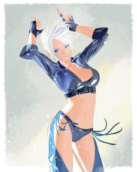 Rule 34 | 1girl, angel (kof), artist request, breasts, chaps, cleavage, closed mouth, cofffee, cropped jacket, fingerless gloves, gloves, hair over one eye, hand up, hands up, highres, jacket, large breasts, leather, leather jacket, mexico, simple background, smile, snk, solo, standing, the king of fighters, the king of fighters 2001, the king of fighters xiv, underwear, white hair