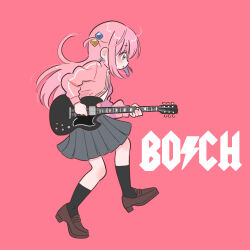 Rule 34 | 1girl, ac/dc, black socks, blue eyes, bocchi the rock!, brown footwear, commentary request, cube hair ornament, electric guitar, from side, full body, gibson les paul, gotoh hitori, grey skirt, guitar, hair ornament, highres, instrument, jacket, loafers, long hair, mokume rin, music, one side up, pink background, pink hair, pink jacket, pink track suit, playing instrument, pleated skirt, shoes, skirt, socks, solo, track jacket