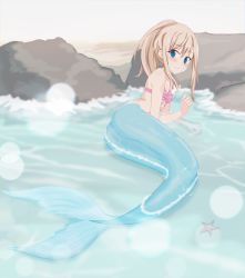 Rule 34 | 1girl, absurdres, beach, bikini, bikini top only, blue eyes, blush, breasts, closed mouth, commentary request, highres, long hair, looking at viewer, mermaid, monster girl, original, outdoors, partially submerged, pink bikini, ponytail, rinshi (artist), rock, small breasts, smile, solo, starfish, swimsuit, water