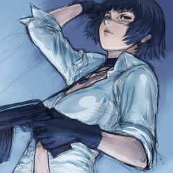 Rule 34 | 00s, 1girl, black hair, capcom, devil may cry (series), fumio (rsqkr), gloves, gun, heterochromia, jewelry, lady (devil may cry), midriff, necklace, scar, scar on face, scar on nose, short hair, sketch, solo, weapon