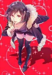 Rule 34 | 1girl, bent over, black footwear, black hair, black jacket, black shorts, black thighhighs, breasts, collarbone, downblouse, durarara!!, from above, fuka (hk nemo), full body, fur trim, genderswap, genderswap (mtf), hand on own hip, index finger raised, jacket, jewelry, legs apart, long sleeves, looking at viewer, orihara izaya, parted lips, red background, red eyes, ring, shoes, short hair, shorts, small breasts, solo, sparkle, standing, swept bangs, thighhighs