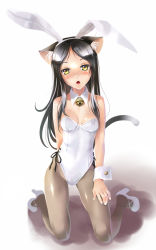 Rule 34 | 1girl, animal ears, arm behind back, bell, black hair, black pantyhose, blush, breasts, cat ears, cat tail, cleavage, collar, extra ears, fake animal ears, fang, hand on thigh, high heels, katahira masashi, kittysuit, kneeling, leotard, long hair, neck bell, nontraditional playboy bunny, open mouth, original, pantyhose, playboy bunny, rabbit ears, shoes, slit pupils, solo, tail, yellow eyes