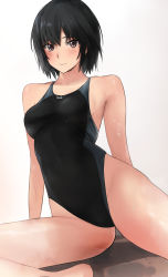 Rule 34 | 1girl, amagami, arm behind back, black hair, black one-piece swimsuit, blush, breasts, brown eyes, closed mouth, highleg, highleg swimsuit, highres, looking at viewer, nanasaki ai, one-piece swimsuit, simple background, smile, solo, sweat, swimsuit, thighs, white background, yoo tenchi