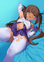 Rule 34 | 1girl, absurdres, arm up, armpits, bare shoulders, blue gloves, blunt bangs, brown hair, child, dark-skinned female, dark skin, dress, ear piercing, female focus, flat chest, gloves, green eyes, hai ookami, hair ribbon, heart, heart-shaped pupils, high collar, highleg, highleg leotard, highres, leotard, leotard under clothes, lips, long hair, looking at viewer, lying, navel, open mouth, original, piercing, ribbon, sharp teeth, smile, solo, solo focus, symbol-shaped pupils, teeth, thighhighs, thighs, tongue, twintails, white thighhighs, wing collar