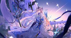 Rule 34 | 1girl, absurdres, alchemy stars, bad id, bad pixiv id, bare shoulders, bethlehem (alchemy stars), blonde hair, blue bow, blue flower, bow, cape, collared dress, detached sleeves, diffraction spikes, dragon, dress, floating hair, flower, glint, hair ornament, headpiece, highres, horizon, huge weapon, ice, jewelry, layered dress, long dress, long hair, looking at viewer, mountain, outdoors, purple eyes, sleeveless, sleeveless dress, solo, standing, sunrise, sword, twice12314, twitter username, weapon, white dress, wind, wyvern