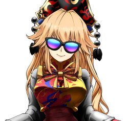 Rule 34 | 1girl, belt, black dress, black hat, blonde hair, bow, bowtie, breasts, brown belt, chinese clothes, closed mouth, crescent, dress, glasses, hair between eyes, hat, junko (touhou), kikoka (mizuumi), long hair, long sleeves, looking at viewer, medium breasts, phoenix crown, pom pom (clothes), simple background, smile, solo, sunglasses, tabard, touhou, touhou danmaku kagura, upper body, white background, wide sleeves, yellow bow, yellow bowtie