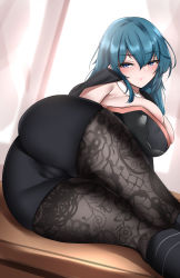 Rule 34 | 1girl, absurdres, ass, black pantyhose, blue eyes, blue hair, breasts, byleth (female) (fire emblem), byleth (fire emblem), cameltoe, cleavage, fire emblem, fire emblem: three houses, floral print, highres, kyle (kysizzle), large breasts, looking at viewer, lying, nintendo, on side, pantyhose, seductive smile, skindentation, smile, solo
