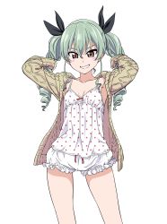 Rule 34 | 10s, 1girl, alternate costume, anchovy (girls und panzer), arms up, bloomers, blush, brown eyes, cardigan, casual, collarbone, drill hair, girls und panzer, green hair, hair between eyes, hair ribbon, highres, hiroyuki, long hair, long sleeves, open cardigan, open clothes, polka dot, ribbon, shorts, simple background, sleeves past wrists, smile, solo, standing, twin drills, twintails, underwear, white background