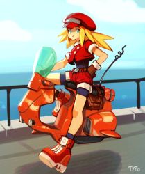 Rule 34 | 1girl, artist name, belt, black bodysuit, blonde hair, blue eyes, bodysuit, bodysuit under clothes, boots, brown gloves, cabbie hat, capcom, closed mouth, cropped jacket, full body, gloves, hat, jacket, long hair, looking at viewer, mega man (series), mega man legends (series), optionaltypo, red footwear, red hat, red jacket, red shorts, roll caskett (mega man), short sleeves, shorts, sitting, sitting on object, sleeves rolled up, smile, solo, spiked hair, vehicle