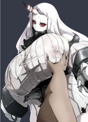 Rule 34 | 10s, 1girl, grabbing another&#039;s breast, breasts, claws, covered erect nipples, gigantic breasts, grabbing, horns, ironblood, kantai collection, lactation, lactation through clothes, long hair, male hand, nipples, red eyes, seaport princess, single horn, white hair