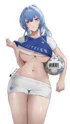 Rule 34 | 1girl, absurdres, alternate costume, ball, blue eyes, blue hair, blush, bra, breasts, collarbone, commentary, copyright name, cowboy shot, elvandec, english commentary, goddess of victory: nikke, helm (nikke), highres, large breasts, long hair, navel, parted lips, ponytail, shirt, short shorts, short sleeves, shorts, simple background, smile, soccer ball, soccer uniform, solo, sportswear, stomach, thighs, twitter username, underboob, underwear, white background, white bra, white shorts