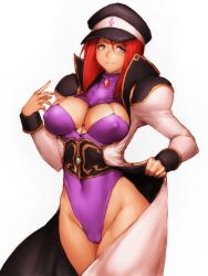 Rule 34 | 00s, 1girl, blue eyes, breasts, cameltoe, cleavage, cleavage cutout, clothing cutout, corset, covered erect nipples, forte stollen, fumio (rsqkr), galaxy angel, gem, hat, high collar, large breasts, leotard, long coat, long sleeves, monocle, puffy long sleeves, puffy sleeves, red hair, revealing clothes, short hair, smile, solo