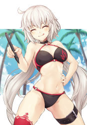 Rule 34 | 1girl, absurdres, bikini, black bikini, blue sky, blurry, breasts, cloud, depth of field, closed eyes, fate/apocrypha, fate/grand order, fate (series), hand on own hip, highres, jeanne d&#039;arc alter (swimsuit berserker) (fate), jeanne d&#039;arc (fate), jeanne d&#039;arc alter (fate), jeanne d&#039;arc alter (swimsuit berserker) (fate), large breasts, long hair, o-ring, o-ring bikini, o-ring bottom, o-ring top, palm tree, samoore, sky, smile, solo, stylus, swimsuit, thighhighs, tree, tsurime, white hair, yellow eyes