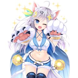 Rule 34 | 1girl, ahoge, animal ear fluff, animal ears, animal hands, bell, belt, black thighhighs, blue eyes, blush, breasts, cape, cat ears, cat paws, cat tail, cleavage, collarbone, commentary request, cowboy shot, crescent, crescent hair ornament, fang, grey hair, hair between eyes, hair ornament, hair ribbon, hop step jumpers, kizuki erika, large breasts, long hair, midriff, navel, one eye closed, open mouth, paw pose, ribbon, short shorts, shorts, simple background, solo, star (symbol), star hair ornament, tail, tareme, thighhighs, transparent background, white background, white belt