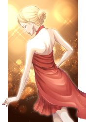 Rule 34 | 1girl, bare shoulders, blonde hair, braid, brown background, dress, dutch angle, earrings, fate (series), feet out of frame, from behind, highres, jewelry, long hair, lord el-melloi ii case files, nail polish, off-shoulder dress, off shoulder, official alternate costume, red dress, red nails, reines el-melloi archisorte, shiny clothes, shiny skin, short hair, signature, sira (chinjuunight), solo