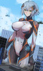 Rule 34 | 1girl, absurdres, aircraft, blue hair, bodysuit, breasts, city, covered erect nipples, giant, giantess, helicopter, highres, large breasts, natsukaze shigure, original, skin tight
