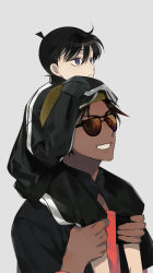 Rule 34 | 2boys, black hair, black jacket, black shirt, brown headwear, carrying, child, closed mouth, collared shirt, dark-skinned male, dark skin, edogawa conan, frown, grey background, grin, hands on another&#039;s head, hat, hattori heiji, head rest, holding legs, jacket, kanamura ren, looking away, male focus, meitantei conan, multiple boys, oversized clothes, pants, red shirt, shirt, shoulder carry, simple background, sitting, sleeves past fingers, sleeves past wrists, smile, sunglasses, track jacket, track pants, track suit, undershirt