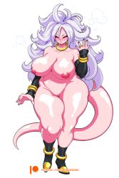 Rule 34 | 1girl, android 21, breasts, bunkwizard, colored skin, dragon ball, dragon ball fighterz, earrings, hair between eyes, hoop earrings, huge breasts, jewelry, large breasts, long hair, looking at viewer, majin android 21, nail polish, nipples, nude, pink skin, plump, red eyes, simple background, solo, standing, tail, thick thighs, thighs, white background, white hair