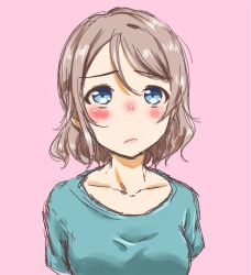 Rule 34 | 080611080712m, 1girl, blue eyes, blush, breasts, brown hair, collarbone, commentary request, highres, lips, looking at viewer, love live!, love live! sunshine!!, medium breasts, pink background, shirt, short hair, simple background, solo, watanabe you, wavy hair