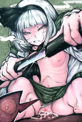 Rule 34 | 1girl, breasts, censored, citone, clothes lift, clothing aside, cum, cum in pussy, dark-skinned male, dark skin, drawing sword, glaring, green eyes, green skirt, hair ribbon, heart, heart censor, highres, holding, holding sword, holding weapon, impregnation, inverted nipples, konpaku youmu, navel, no bra, open clothes, open shirt, ovum, pale skin, panties, panties aside, pointless censoring, pov, pov crotch, pussy, ribbon, ribs, scabbard, sex, sheath, short hair, skirt, skirt lift, small breasts, sneer, sperm cell, steam from mouth, sword, touhou, transparent censoring, underwear, upskirt, weapon, white hair, white panties