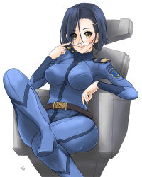 Rule 34 | 10s, 1girl, blue hair, boots, breasts, brown eyes, chair, get9, hair ornament, hairclip, looking at viewer, niimi kaoru, parted lips, short hair, simple background, sitting, smile, solo, uchuu senkan yamato, uchuu senkan yamato 2199