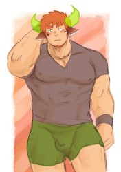 Rule 34 | 1boy, animal ears, bara, blush, bulge, commentary request, covered abs, covered erect nipples, cow boy, cow ears, cow horns, facial hair, feet out of frame, fiery horns, forked eyebrows, goatee, green shorts, grey shirt, hand on own head, highres, horns, large pectorals, male focus, muscular, muscular male, pectoral cleavage, pectorals, pole2walker2, shirt, short hair, shorts, solo, spiked hair, thick eyebrows, thick thighs, thighs, tight clothes, tight shirt, tokyo houkago summoners, wakan tanka