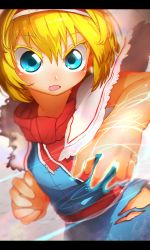 Rule 34 | 1girl, absurdres, alice margatroid, blonde hair, blue dress, blue eyes, breasts, dress, hair between eyes, hairband, highres, letterboxed, looking at viewer, medium breasts, niwarhythm, open mouth, red sash, sanpaku, sash, solo, torn clothes, touhou, upper body