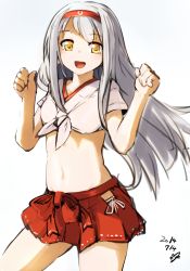 Rule 34 | 10s, 1girl, blush, crop top, dated, front-tie top, hairband, highres, japanese clothes, kantai collection, long hair, looking at viewer, midriff, miniskirt, momo (higanbana and girl), navel, open mouth, panties, red skirt, shirt, shoukaku (kancolle), side-tie panties, silver hair, skirt, smile, solo, swimsuit, tied shirt, underwear, yellow eyes