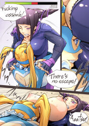 Rule 34 | 2girls, back cutout, bearhug, black hair, blunt bangs, bodysuit, breasts, breasts out, bursting breasts, carrying, clenched teeth, clothing cutout, comic, commentary, cone hair bun, domino mask, double bun, english text, face to breasts, fighting, fingerless gloves, gameplay mechanics, gloves, grin, hair bun, han juri, health bar, jelly shrimp, large breasts, mask, motion lines, multiple girls, nipples, one eye closed, pink eyes, purple bodysuit, rainbow mika, smile, street fighter, street fighter v, sweat, teeth, wrestling, wrestling outfit