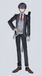 Rule 34 | 1boy, absurdres, aoi (yooo009), bandages, black jacket, black pants, brown footwear, closed mouth, collared shirt, full body, green eyes, grey background, grey sweater vest, hair between eyes, hand on own hip, highres, jacket, kenmochi touya, kenmochi touya (1st costume), long sleeves, looking at viewer, male focus, necktie, nijisanji, non-web source, open clothes, open jacket, pants, purple hair, red necktie, school uniform, shirt, shoes, short hair, simple background, smile, solo, standing, sweater vest, weapon bag