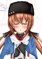 Rule 34 | 1girl, absurdres, black bow, blouse, bow, brown hair, closed eyes, fur hat, hair between eyes, hair ornament, hairclip, hat, highres, jacket, kantai collection, long hair, low twintails, minato 1690, one-hour drawing challenge, papakha, pink background, red shirt, scarf, shirt, simple background, solo, star (symbol), tashkent (kancolle), torn clothes, torn scarf, twintails, twitter username, white background, white jacket, white scarf