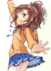 Rule 34 | 10s, 1girl, abe kanari, animal hood, arm up, blue skirt, blush, brown eyes, brown hair, cowboy shot, from side, hair ornament, hair ribbon, hairclip, half updo, high school fleet, hood, hood down, hoodie, irizaki mei, long sleeves, looking at viewer, looking back, miniskirt, open mouth, outstretched arms, petticoat, pleated skirt, red ribbon, ribbon, sidelocks, simple background, skirt, smile, solo, spread arms, white background