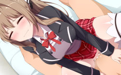 Rule 34 | 10s, 1boy, 1girl, amagi brilliant park, antenna hair, blazer, blush, bow, breasts, brown hair, censored, chance maker, closed eyes, clothed sex, cowgirl position, cum, cum in pussy, girl on top, hair bow, hetero, jacket, large breasts, long hair, mosaic censoring, plaid, plaid skirt, ponytail, pov, pussy, school uniform, sento isuzu, sex, skirt, solo focus, straddling, thighhighs, vaginal