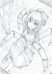 Rule 34 | 1girl, :d, arthropod girl, arthropod limbs, blush, bow, buttons, commentary request, dress, from above, graphite (medium), greyscale, hair bow, highres, insect girl, kurodani yamame, long sleeves, looking at viewer, mahiro (akino-suisen), mary janes, monochrome, one-hour drawing challenge, open mouth, ribbon, shirt, shoes, short hair, silk, sitting, smile, solo, spider girl, spider web, touhou, traditional media, turtleneck