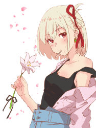 Rule 34 | 1girl, black tank top, blonde hair, blue pants, blush, collarbone, commentary request, dangle earrings, denim, earrings, falling petals, flower, food in mouth, hair between eyes, hair ribbon, hand up, highres, holding, holding flower, jeans, jewelry, looking at viewer, lycoris recoil, nishikigi chisato, off shoulder, open clothes, open shirt, pants, petals, pink shirt, red eyes, red ribbon, ribbon, shirt, short hair, simple background, solo, stud earrings, tank top, upper body, white background, yuki yuxtuke