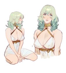 Rule 34 | 1girl, absurdres, bare shoulders, between legs, breasts, byleth (female) (fire emblem), byleth (fire emblem), cleavage, commentary, curly hair, dress, english commentary, eva smith, eyeliner, fire emblem, fire emblem: three houses, green hair, hand between legs, highres, looking to the side, makeup, medium breasts, multiple views, nintendo, open mouth, simple background, sitting, teeth, upper body, upper teeth only, white background, white dress