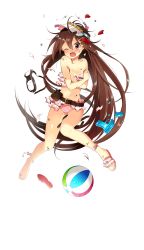 Rule 34 | 1girl, ball, beachball, bikini, blush, breasts, brown hair, cleavage, covering privates, covering breasts, ebihara beniko, flower, formation girls, frilled bikini, frills, full body, goggles, hair between eyes, hair flower, hair ornament, hibiscus, highres, julia asmolova, long hair, looking at viewer, navel, one eye closed, open mouth, petals, pink bikini, pink footwear, red eyes, sandals, solo, swimsuit, torn clothes, torn swimsuit, transparent background