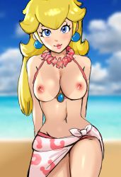 Rule 34 | 1girl, bare arms, bare shoulders, beach, bikini, blonde hair, blue eyes, blue sky, breasts, brooch, closed mouth, cloud, collarbone, earrings, eyelashes, flower, flower necklace, highres, horizon, jewelry, large breasts, lips, long hair, looking at viewer, mario (series), navel, necklace, nintendo, nipples, pink bikini, pink flower, pink lips, princess peach, print sarong, sarong, sky, smile, solo, stomach, sunbeam (artist), super mario odyssey, swimsuit, tan, tanline, thick eyebrows, white sarong