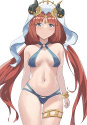 Rule 34 | 1girl, bikini, blue bikini, blue eyes, blunt bangs, breasts, breasts apart, closed mouth, criss-cross halter, fake horns, forehead jewel, genshin impact, gluteal fold, halterneck, highres, horns, long hair, looking at viewer, lylylycctv, medium breasts, navel, nilou (genshin impact), o-ring, o-ring bikini, red hair, smile, solo, swimsuit, thighlet, twintails, veil, white background, white veil, wristlet