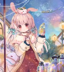 Rule 34 | 1girl, absurdres, animal, animal ears, animal on head, backpack, bag, blush, bottle, brooch, coat, dress, glass bottle, glowing, hacosumi, hair ornament, hair ribbon, hairclip, highres, holding, holding bottle, holding jar, jar, jewelry, lamppost, long hair, long sleeves, low twintails, night, night sky, on head, original, outdoors, parted lips, rabbit, rabbit ears, red eyes, ribbon, shoulder bag, sky, sleeves past wrists, smile, solo, star (symbol), train, turtleneck, twintails, white hair