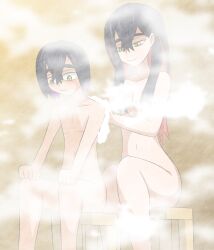 Rule 34 | 1boy, 1girl, age difference, armpits, artist request, barefoot, bathing, bathroom, black hair, breasts, brother and sister, carmine (pokemon), casual nudity, clenched hands, collarbone, colored inner hair, completely nude, convenient leg, creatures (company), crossed bangs, eyebrows, eyebrows hidden by hair, eyelashes, game freak, hair between eyes, hair censor, hairband, hands on own knees, height difference, highres, indoors, kieran (pokemon), legs, light blush, light smile, long hair, looking at another, looking down, medium breasts, medium hair, mole, mole under eye, multicolored hair, navel, neck, nintendo, nude, onee-shota, pokemon, pokemon sv, red hair, same-sex bathing, shared bathing, shy, siblings, sidelocks, sitting, steam, thighs, unworn clothes, unworn hairband, washing back, wet, wet hair, yellow eyes