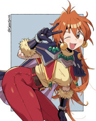 Rule 34 | 1girl, belt, black gloves, breasts, brown eyes, cape, covered erect nipples, earrings, fang, geso smith, gloves, highres, jewelry, leaning forward, lina inverse, long hair, medium breasts, one eye closed, orange hair, pants, red pants, shirt, slayers, twitter username, v, yellow shirt