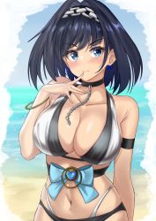 Rule 34 | 1girl, bikini, black hair, blue eyes, blush, breasts, cleavage, hololive, hololive english, large breasts, navel, ouro kronii, smile, solo, standing, swimsuit, virtual youtuber