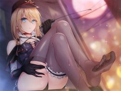Rule 34 | 1girl, bad id, bad pixiv id, black gloves, blonde hair, blue eyes, blurry, bokeh, breasts, bridal garter, capelet, choker, city lights, crossed legs, depth of field, earrings, expressionless, feet, full moon, gloves, hat, holding, holding whip, jewelry, long hair, looking at viewer, military, military uniform, moon, night, no shoes, off shoulder, original, peaked cap, purple thighhighs, rebe11, red choker, sidelocks, sitting, small breasts, solo, suggestive fluid, thighhighs, thighs, toes, uniform