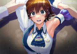 Rule 34 | 1girl, absurdres, against wall, armpits, blush, brown eyes, brown hair, cuffs, earrings, hair ornament, highres, honda mio, idolmaster, idolmaster cinderella girls, idolmaster cinderella girls starlight stage, jewelry, kitou sakeru, looking at viewer, neckerchief, open mouth, pin, short hair, sleeveless, sweat, sweaty clothes