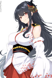 Rule 34 | 1girl, bare shoulders, black hair, blush, breasts, chamumi (mochiumee), detached sleeves, epaulettes, fusou (kancolle), hair ornament, headgear, highres, japanese clothes, kantai collection, large breasts, long hair, looking at viewer, nontraditional miko, obi, red eyes, red skirt, sash, simple background, skirt, smile, white background