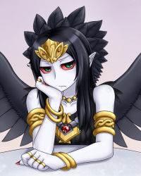 Rule 34 | 1girl, armband, bare shoulders, black dress, black hair, black wings, body blush, bored, bracelet, collar, collarbone, colored sclera, dress, duel monster, emblem, fabled grimro, feathers, female focus, fingernails, gradient background, green eyes, head rest, head tilt, jewelry, leaning, long fingernails, long hair, long image, looking at viewer, monster girl, multicolored eyes, nail polish, pale skin, pataneet, pointy ears, purple background, red nails, red sclera, ring, simple background, solo, table, tall image, tiara, upper body, waiting, wings, yu-gi-oh!, yu-gi-oh! duel monsters